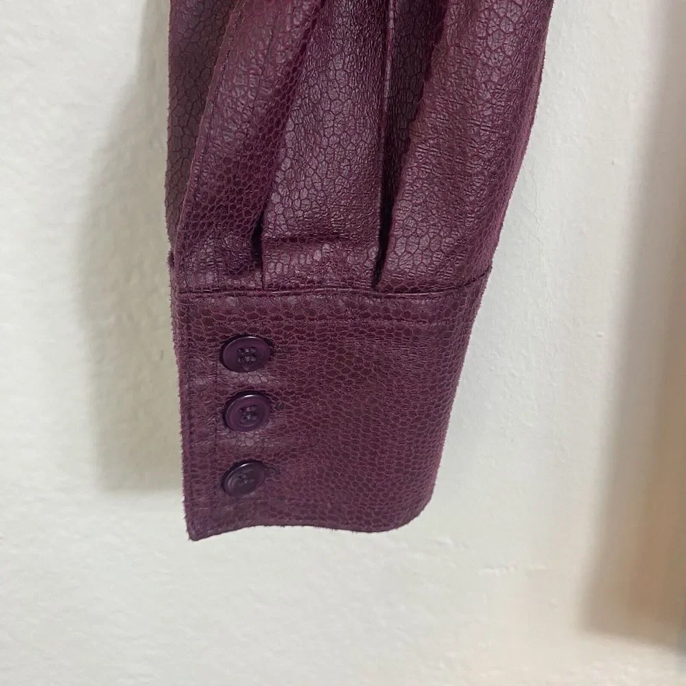 Chico's Medium Button Up Jacket Faux leather Burgundy Lightweight Animal Print‎